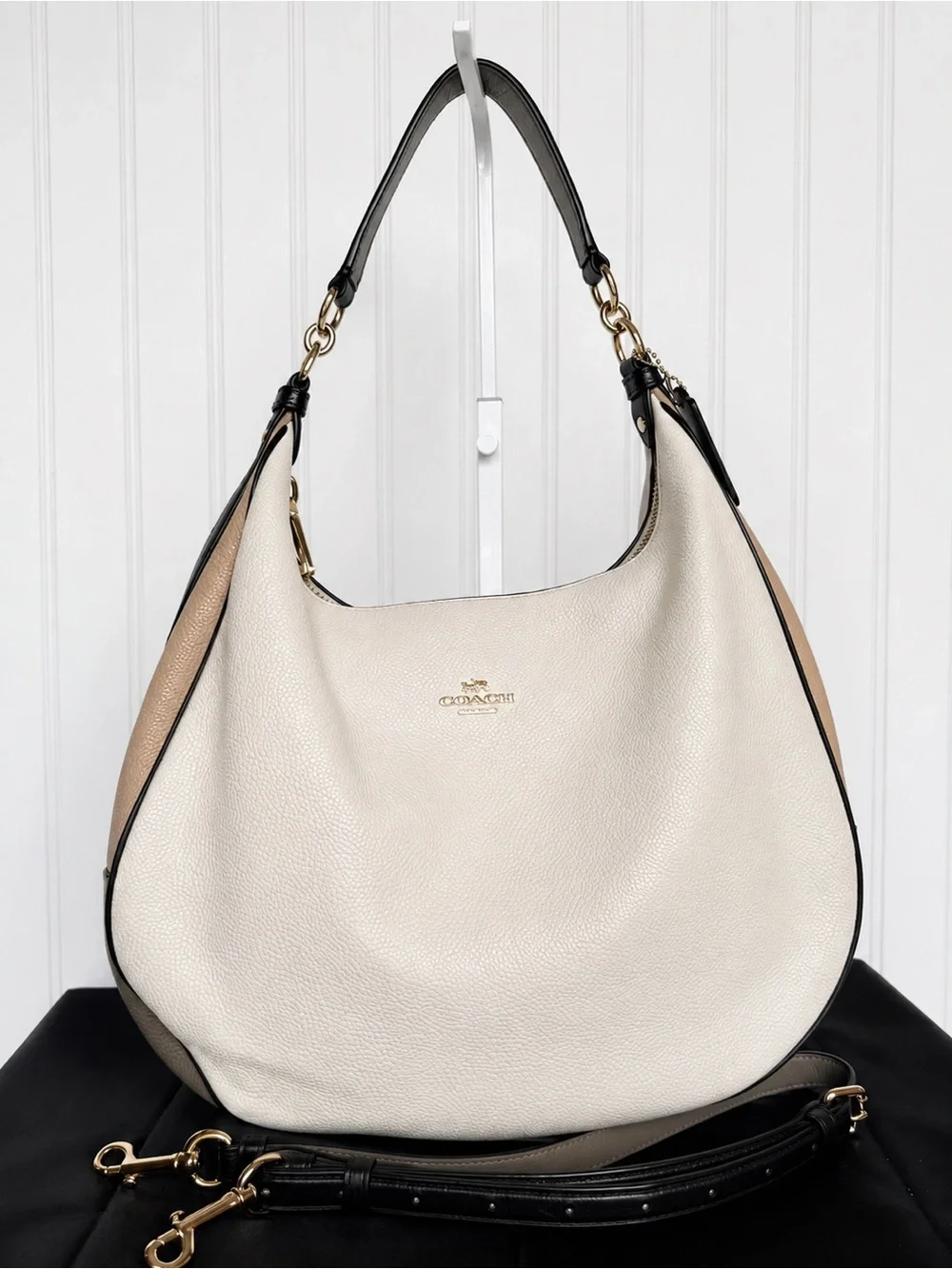 Coach Cream & Tan Pebbled Leather Hobo with Black Trim